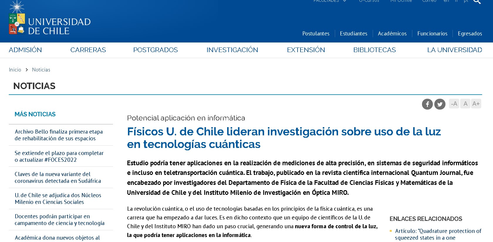 Físicos U. de Chile lideran investigación sobre uso de la luz en  tecnologías cuánticas (U. de Chile) | MIRO